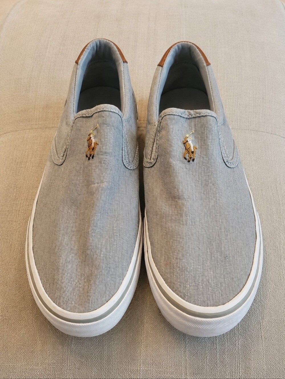 Polo Ralph Lauren Thompson Light Gray Slip On Canvas Leather Loafers Sz 7.5